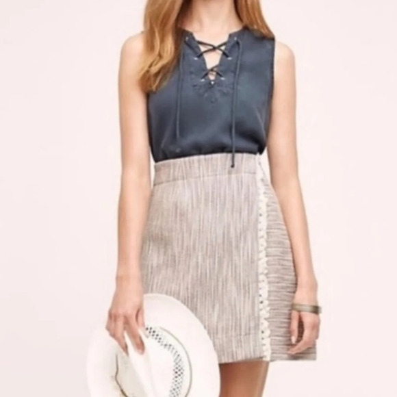 Anthropologie Maeve tweed fringe wrap skirt white red blue size 4 NWOT - Picture 2 of 14